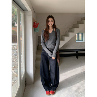 女直筒裤 复古弯刀分割线水洗廓形牛仔裤 麦迪逊大道 SIXI四喜家