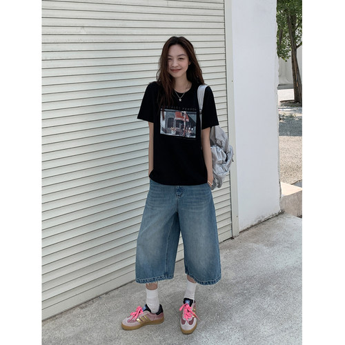 复古蓝七分牛仔裤女夏美式直筒