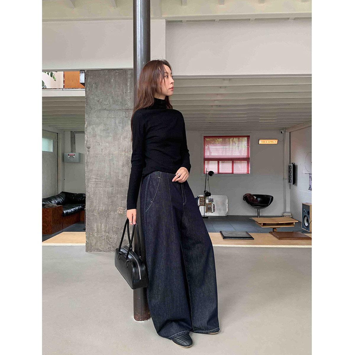 无腰头深蓝撞线牛仔裤阔腿休闲裤