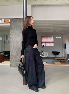 SIXI四喜家 垮垮walking 无腰头深蓝撞线牛仔裤女显瘦阔腿休闲裤