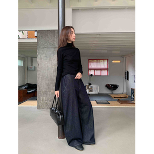 SIXI四喜家 垮垮walking 无腰头深蓝撞线牛仔裤女显瘦阔腿休闲裤