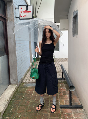 四喜家藏蓝工装短裤女宽松