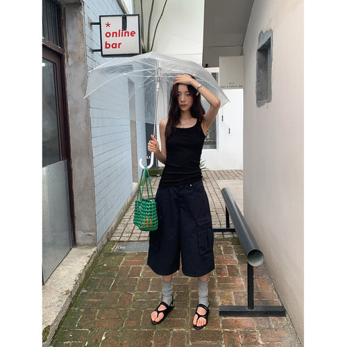 四喜家藏蓝工装短裤女宽松