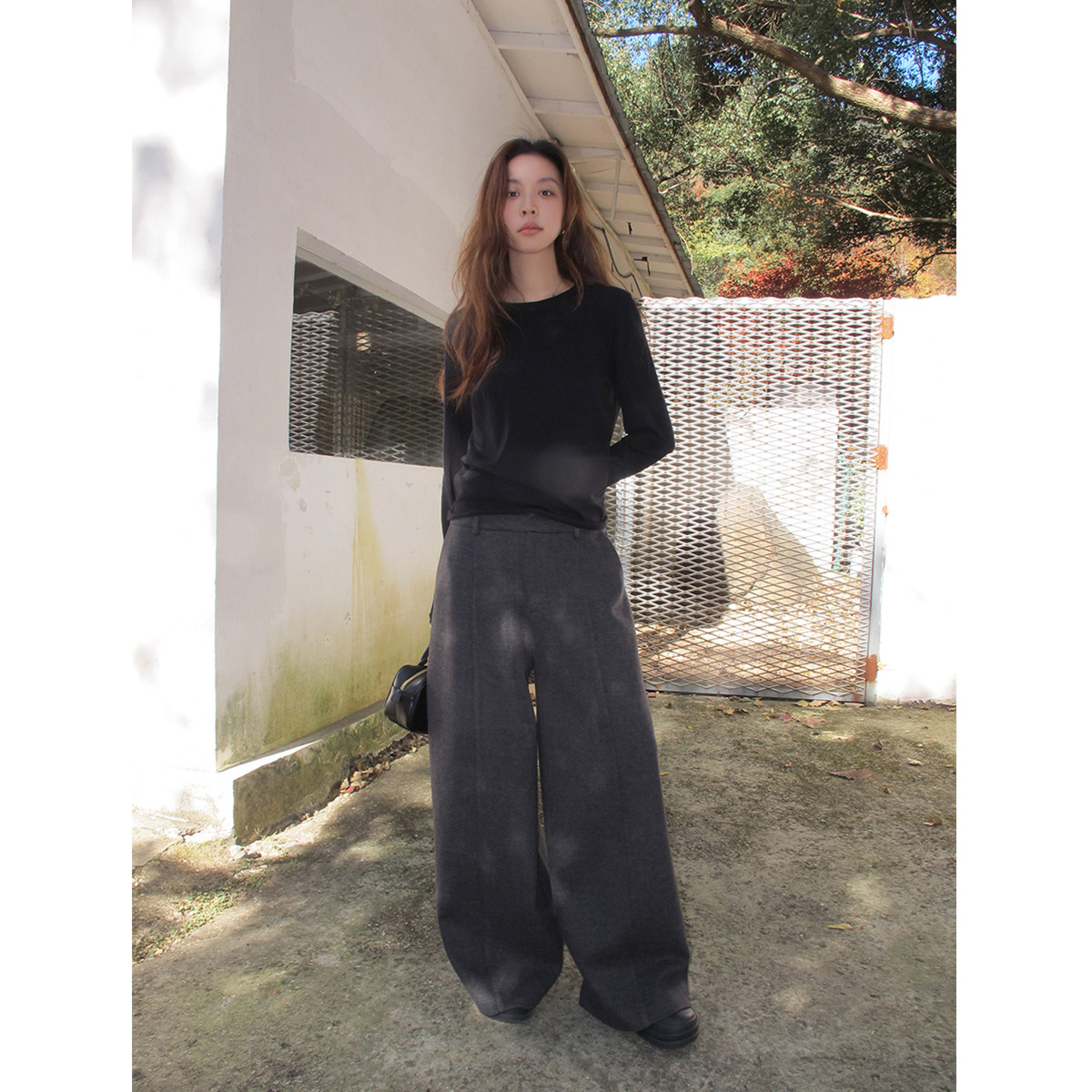 SIXI四喜家 步履弧光 弯刀休闲廓形毛呢西裤女秋冬阔腿裤杨桃裤