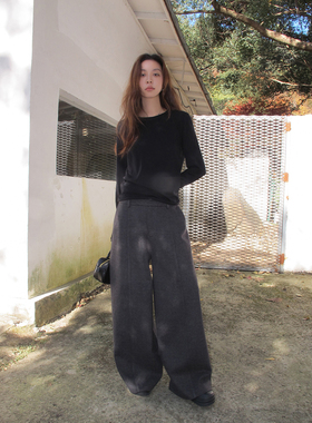 SIXI四喜家 步履弧光 弯刀休闲廓形毛呢西裤女秋冬阔腿裤杨桃裤