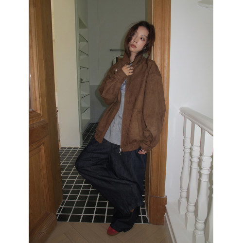 复古慵懒翻领麂皮夹克女