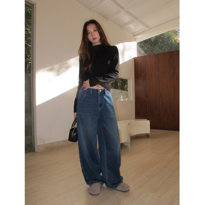 SIXI四喜家 旧梦湛蓝 复古蓝直筒阔腿牛仔裤女秋冬保暖植绒休闲裤