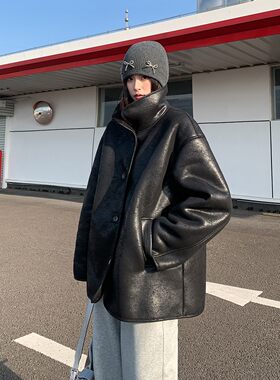 SIXI四喜家 菲林都市 黑色皮毛一体仿羊羔毛外套女冬机车夹克棉服