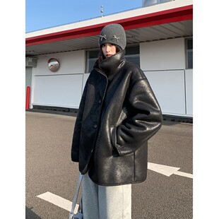 SIXI四喜家 菲林都市 黑色皮毛一体仿羊羔毛外套女冬机车夹克棉服