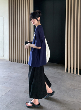 SIXI四喜家春夏 黑色垂感坑条半身裙女宽松显瘦开叉中长裙铅笔裙
