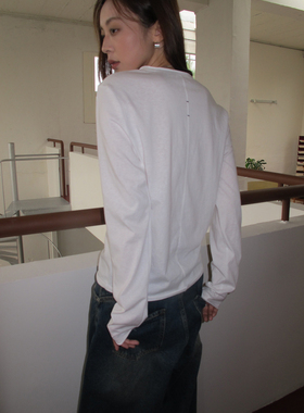 SIXI四喜家 小众层次 随性卷边雪花棉长袖正肩T恤女秋季内搭上衣