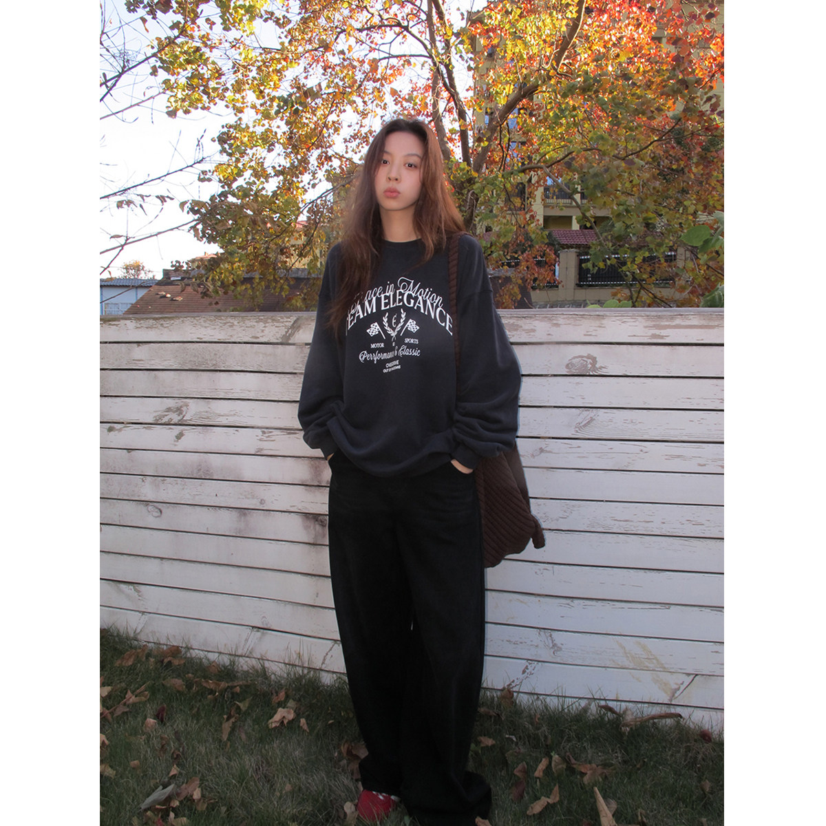 SIXI四喜家 好穿随意感 复古字母印花圆领卫衣女秋冬休闲加绒上衣