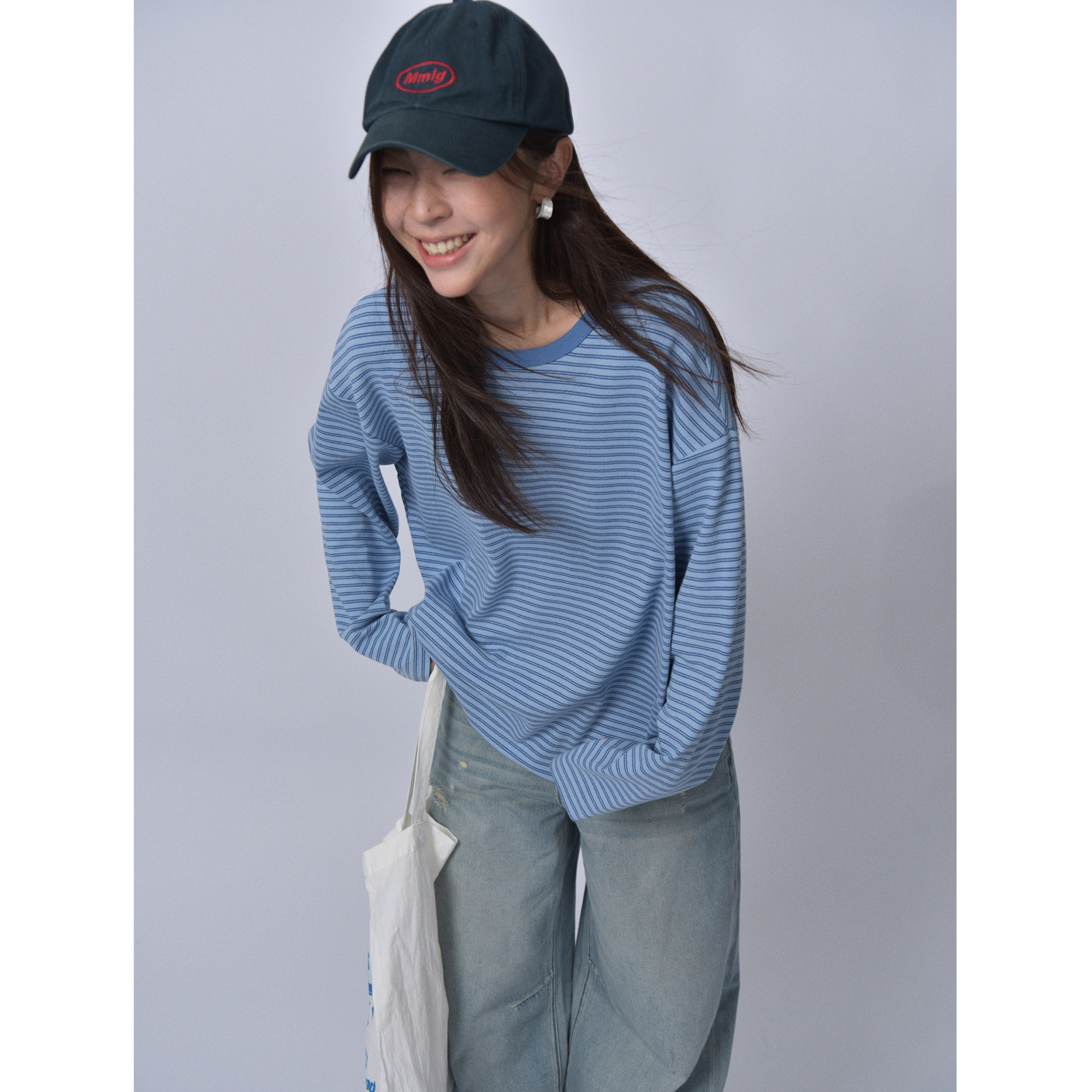 SIXI四喜家 尼斯海岸 撞色条纹长袖T恤女秋季宽松慵懒休闲上衣tee