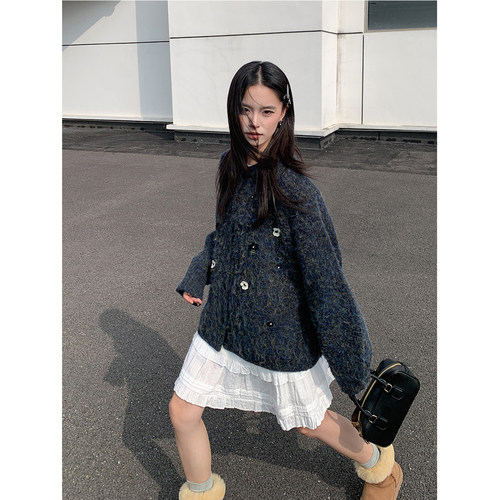 时髦手工亮片小花毛衣开衫