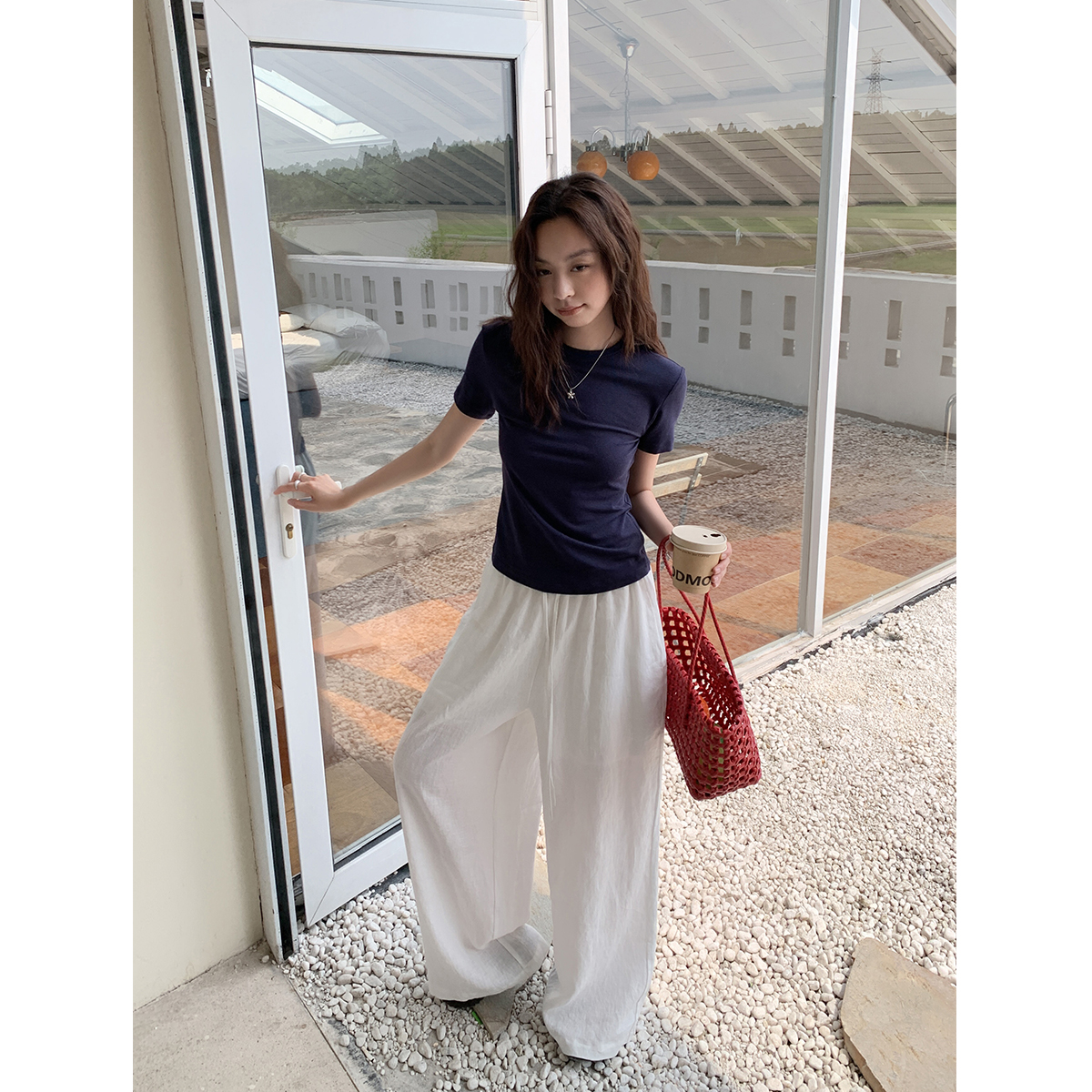 松弛老钱调舒适亚麻阔腿休闲裤