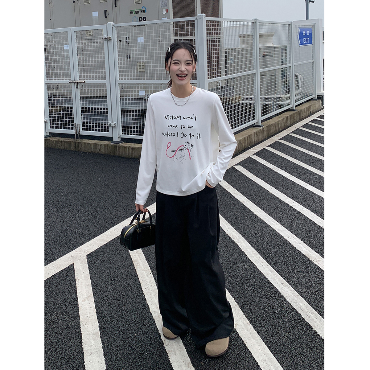 SIXI四喜家 秋冬内搭万金油/绒感棉厚实内搭字母印花长袖T恤女Tee