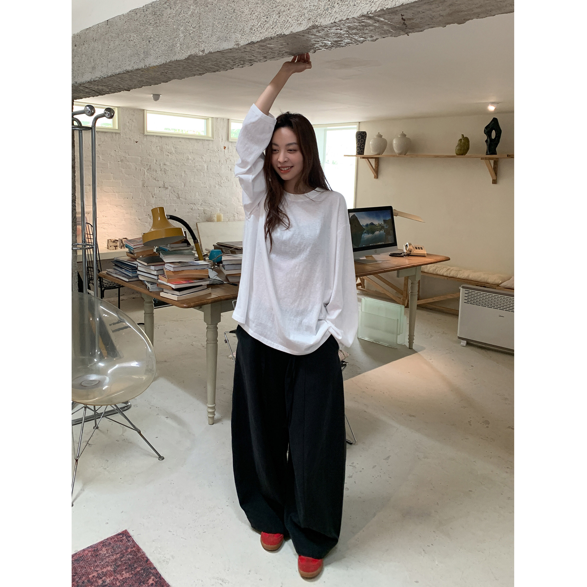 SIXI四喜家 万年小白Tee 圆领白色长袖T恤女春夏宽松慵懒罩衫上衣