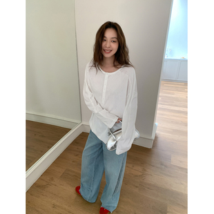 SIXI四喜家 微醺白调*肌理感亨利领纯色长袖T恤女秋季慵懒薄上衣