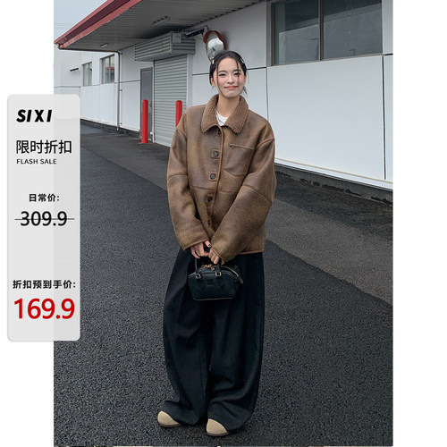 韩版短款皮毛一体复古外套