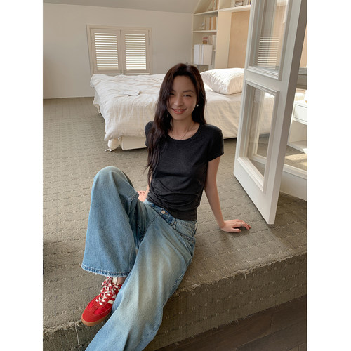 SIXI四喜家 糯米tee 纯色U领短袖t恤女夏基础款舒适打底内搭上衣