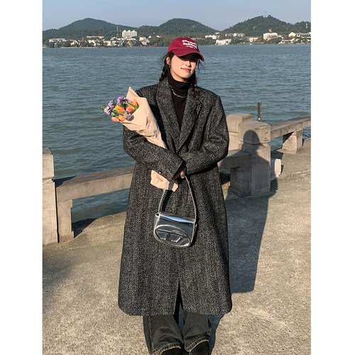 伦敦假期混色人字纹毛呢外套