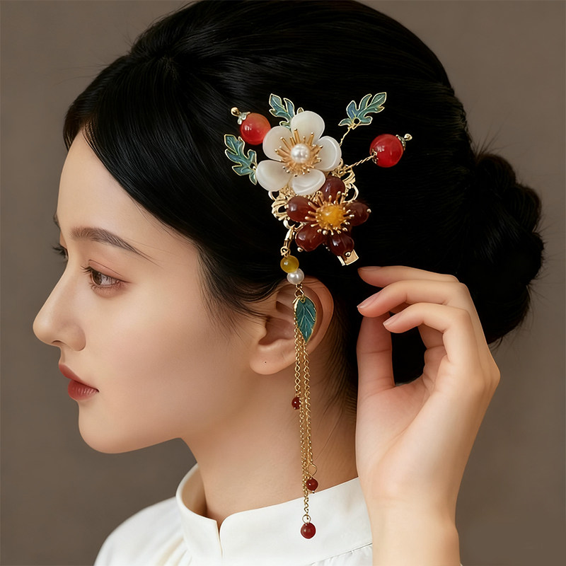 古风烧蓝花朵流苏发夹女新中式侧边夹国风旗袍发饰汉服鸭嘴夹头饰