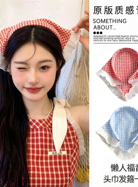 红色格子头巾发箍款一体三角巾女2026新款夏季薄款田园风海边发巾