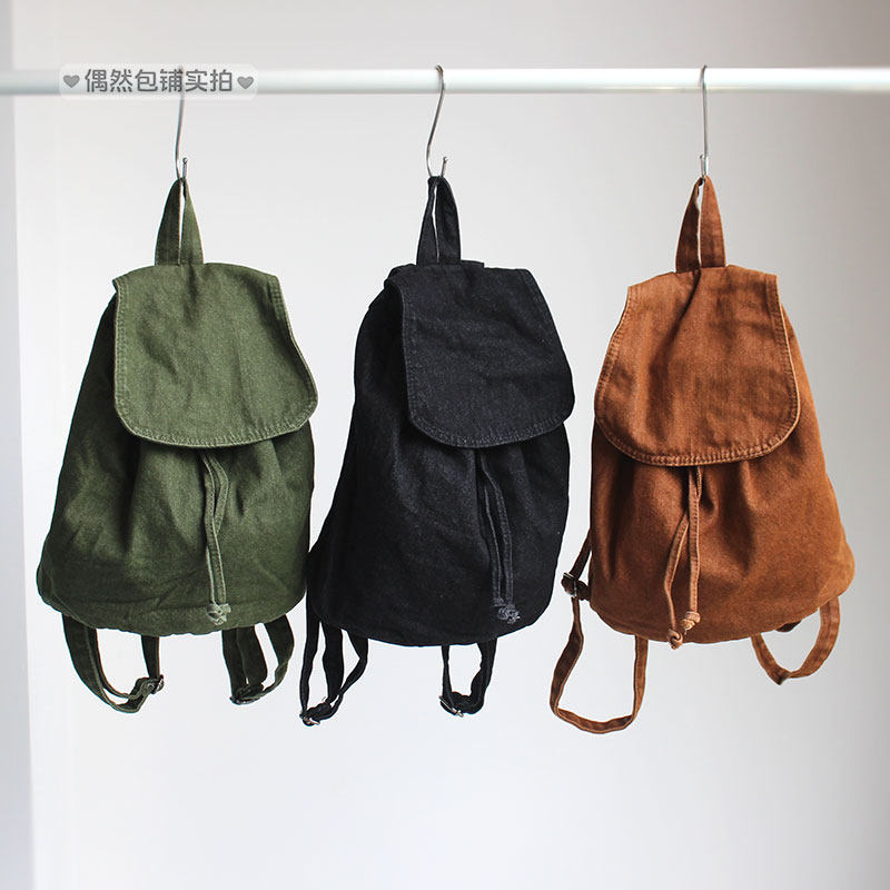 韩国ins风秋季新款复古翻盖抽绳水桶双肩包 日系少女纯色书包背包
