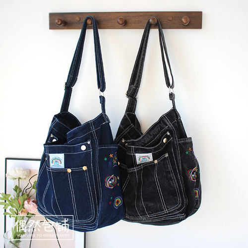 美式复古水洗做旧刺绣牛仔包