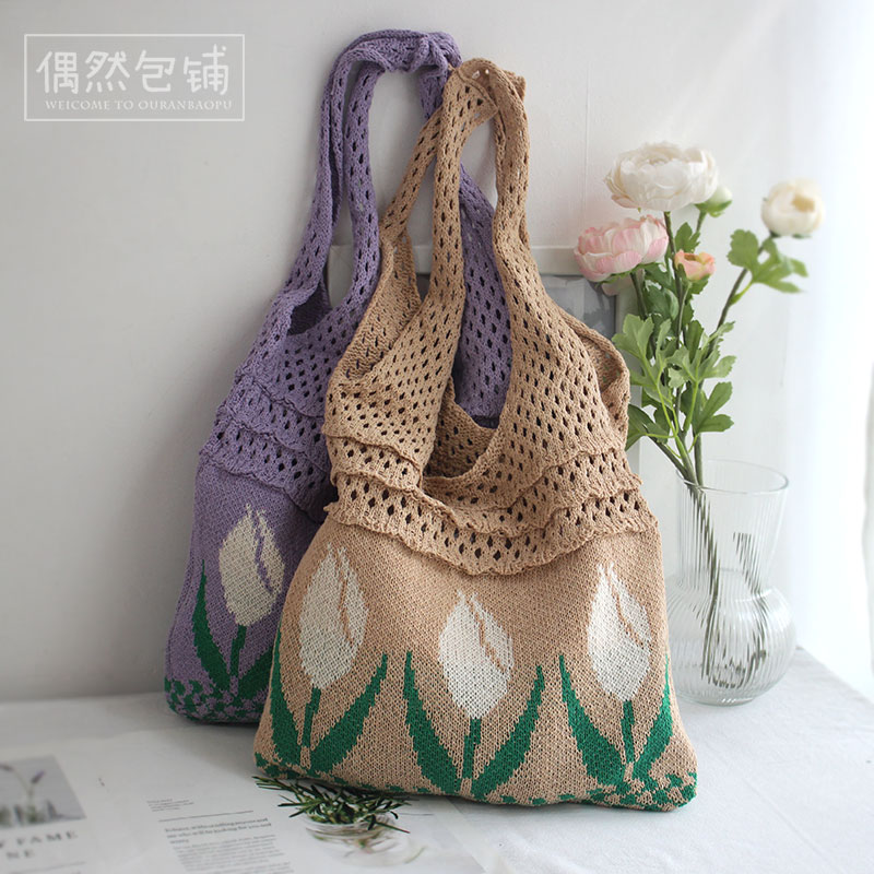 原创小众针织镂空森系仙女包包 复古文艺小清新毛线编织袋单肩包