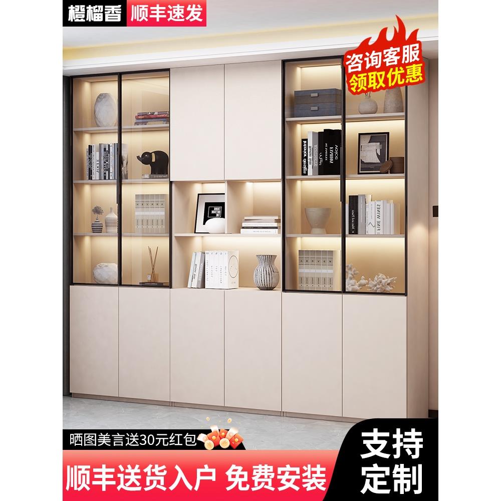 香港包邮实木书柜落地置物架防尘玻璃门一体靠墙简约储物柜客厅展
