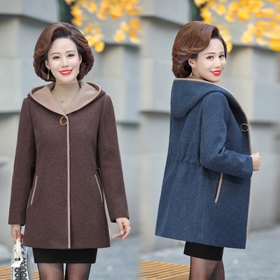 恒源祥中老年妈妈装连帽毛呢大衣