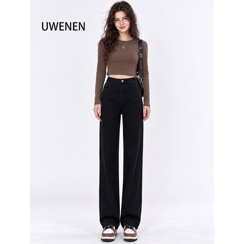 UWENEN 黑色牛仔裤女2026年新款秋冬高腰薯条裤阔腿拖地裤
