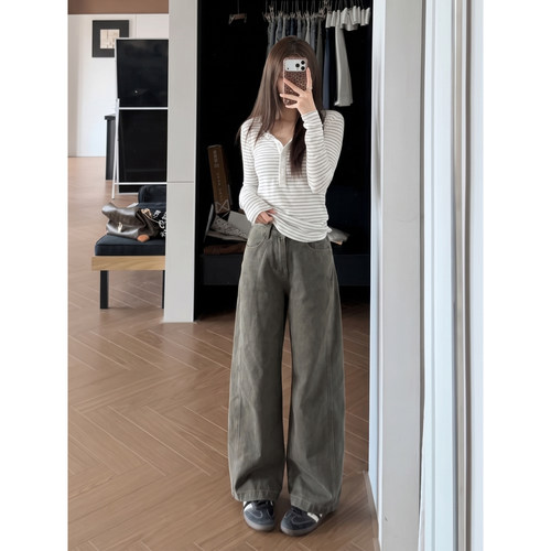 UWENEN  复古美式香蕉工装裤女秋冬新款2026年设计感阔腿牛仔裤子