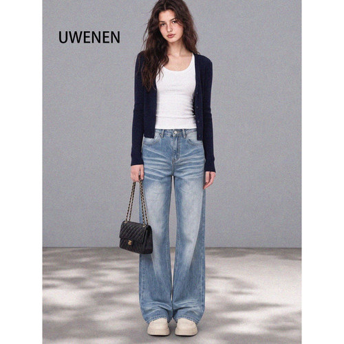 UWENEN  阔腿牛仔裤女秋冬新款高腰宽松直筒阔腿拖地裤
