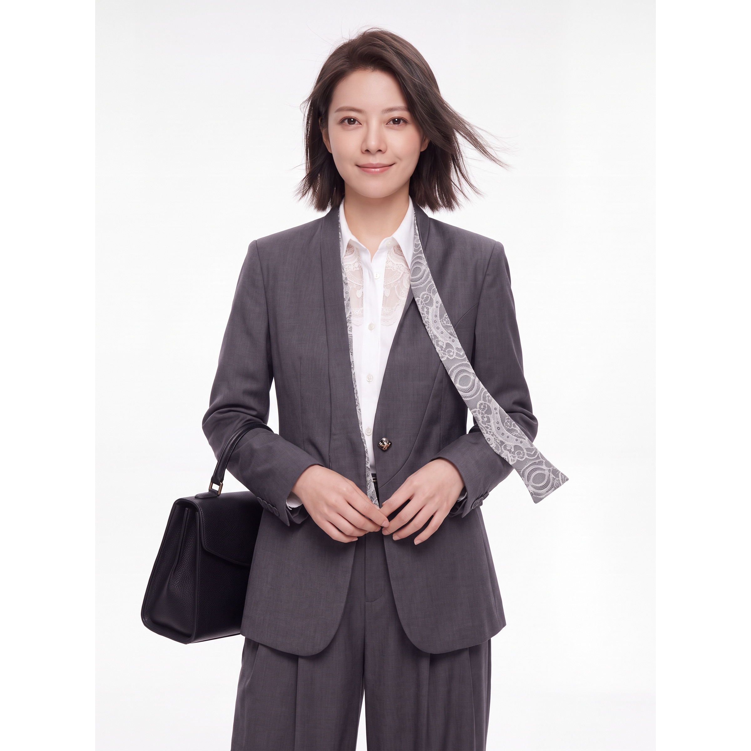 爱心纽扣V领长袖飘带西装外套女
