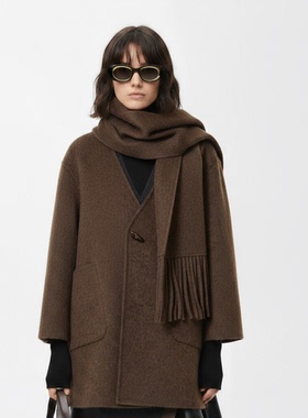 N2399~【商场同步】25冬绵羊毛骆驼绒保暖V领牛角扣双面呢大衣女