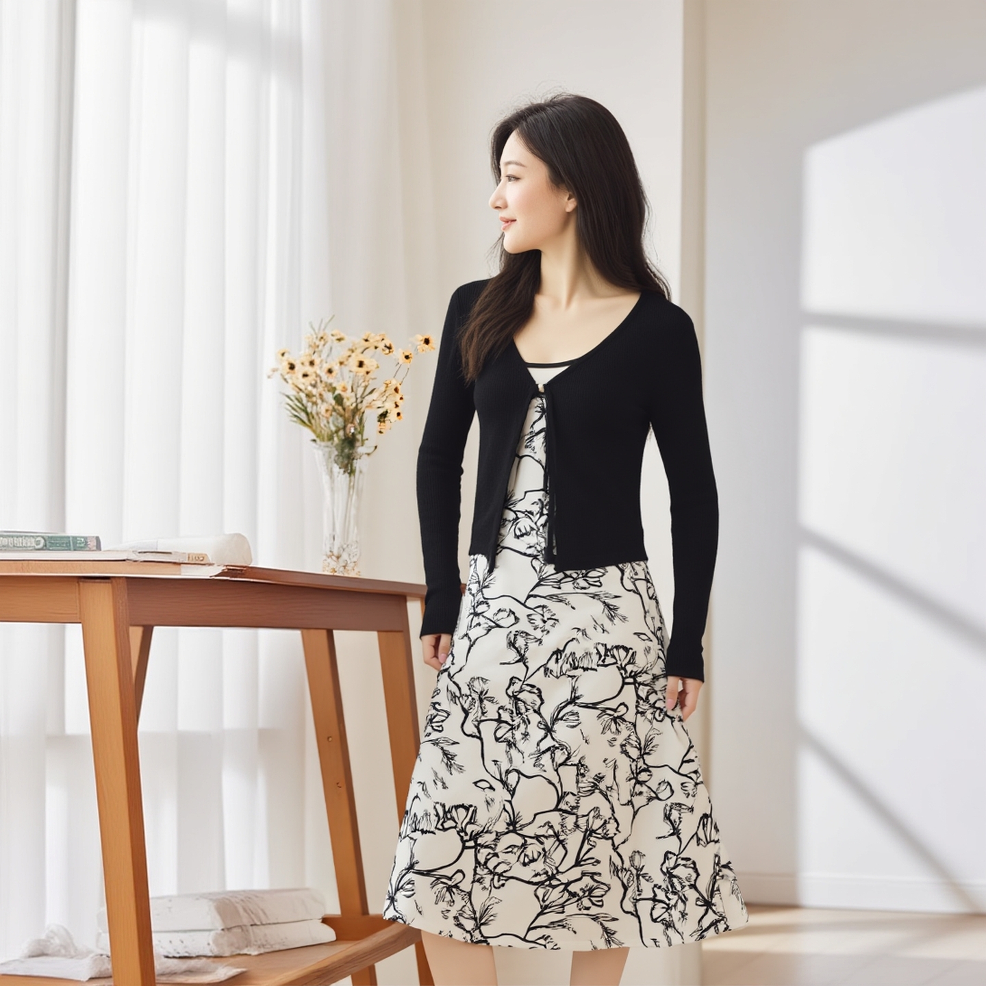 水墨印花吊带修长连衣裙女