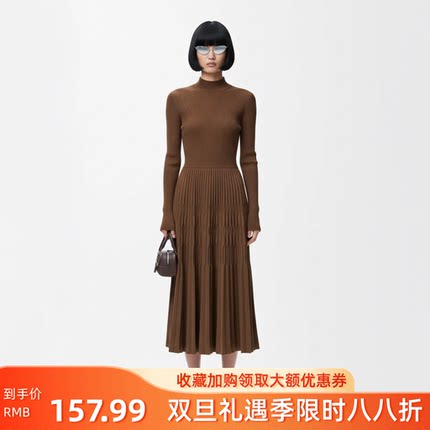 N699~【商场同步】25冬气质时尚立领拼接松紧腰修身针织连衣裙女