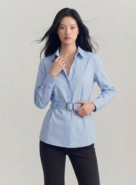 N639~【商场同步】26春季简约气质POLO领长袖单排扣中长款衬衫女