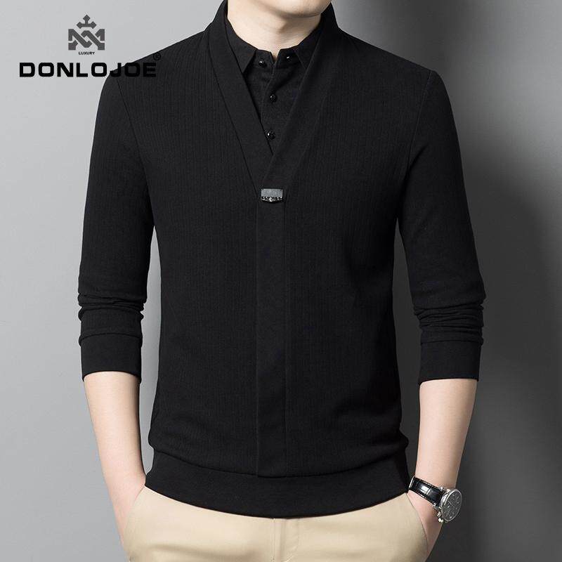 Donlojoe假两件男士长袖衬衫领t恤 秋款中青年商务休闲针织打底衫