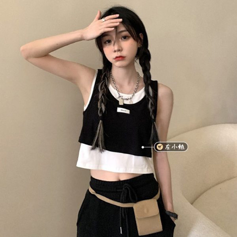 速发假两件设计感无袖背心t恤夏季韩版潮辣妹bf短款露脐心机上衣