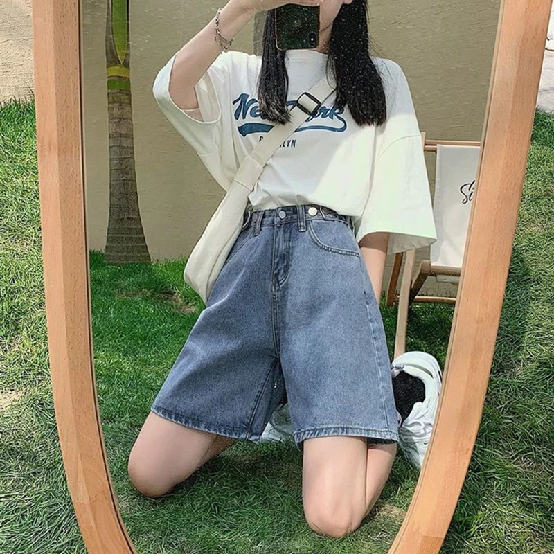 速发新夏212款0季牛仔五分裤宽松直筒高腰中裤a字阔腿短裤潮