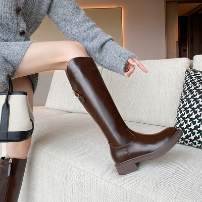 真皮厚底英伦皮带扣骑士靴