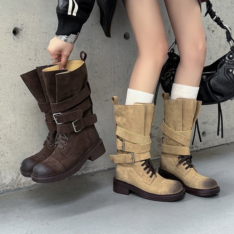 复古做旧大头靴女磨砂牛皮中粗跟皮带扣慵懒中筒西部靴机车骑士靴