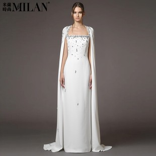 现货明星晚装礼服2025法式方领重工钉珠挂链披肩袖及地长裙连衣裙