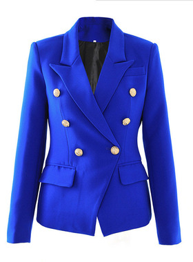 现货24新款欧美克莱茵蓝色显白狮子双排扣修身百搭西装通勤外套女