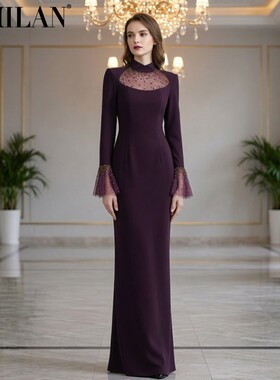 现货2026新款欧美晚礼服长裙紫色烫金钻网纱拼接喇叭袖长款连衣裙