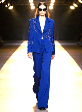 现货2026欧美显白克莱茵蓝色重工钉珠刺绣修身西装阔腿长裤两件套