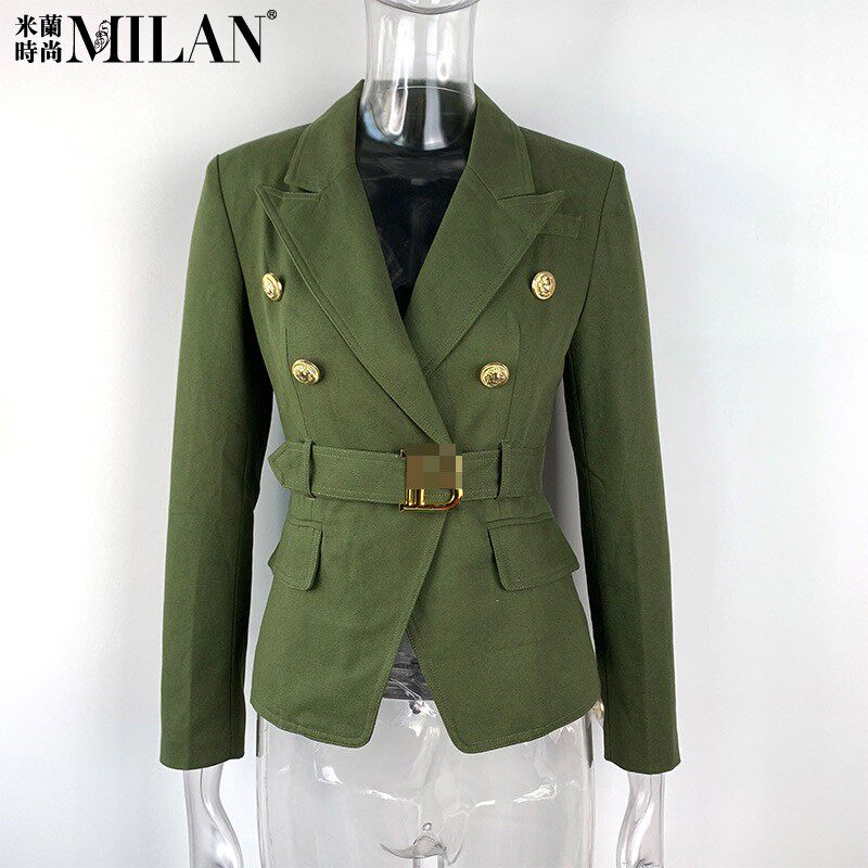 现货2024春秋欧美狮子金属双排扣系带收腰ol通勤西装军绿色短外套